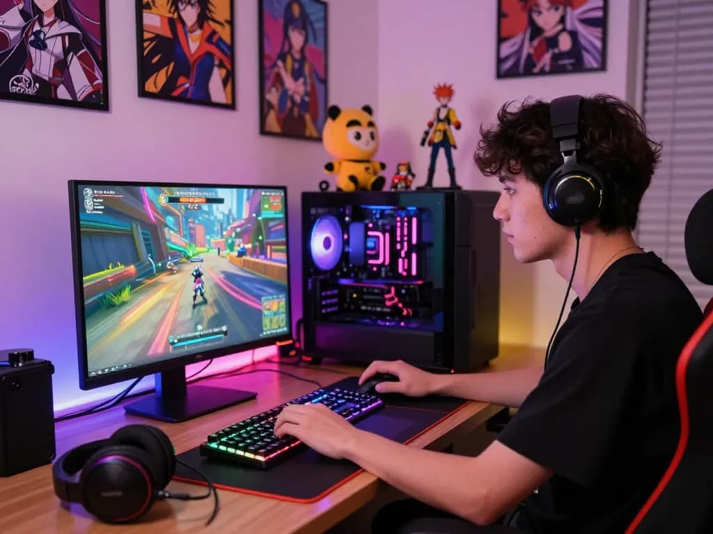 Young gamer playing an exciting hentai game on a laptop, surrounded by anime collectibles and vibrant gaming decor.
