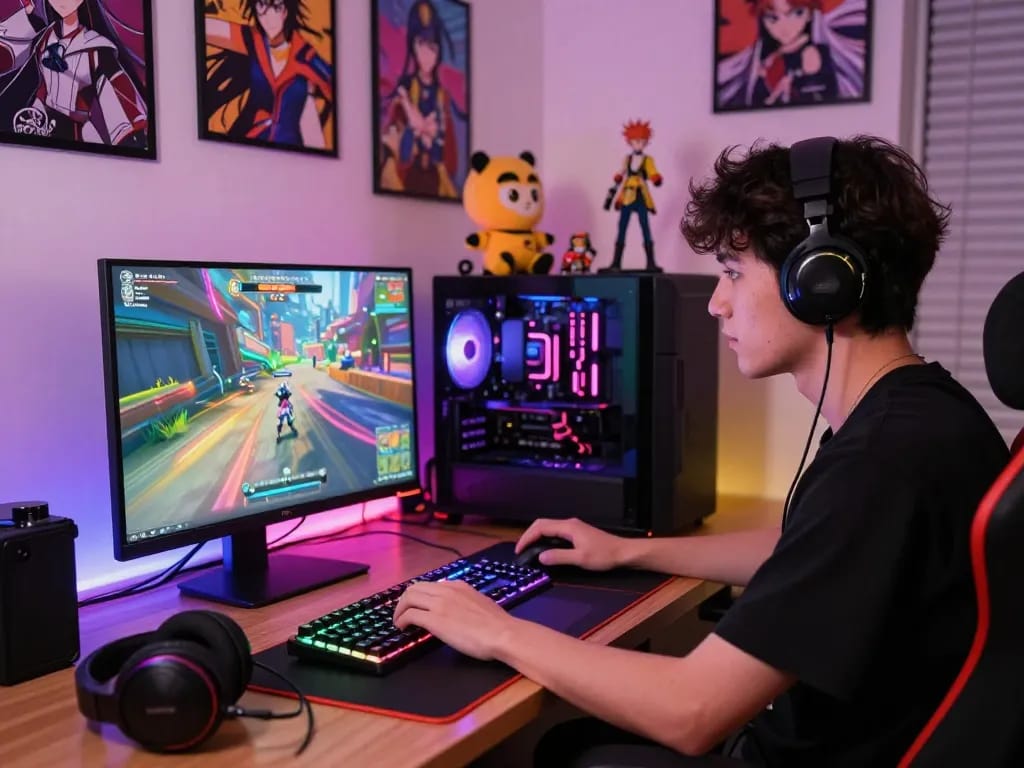 Young gamer playing an exciting hentai game on a laptop, surrounded by anime collectibles and vibrant gaming decor.