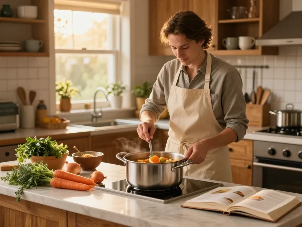Hauskoch bereitet eine köstliche Suppe zu, während er hochwertige Kochtöpfe in einer gemütlichen Küche verwendet.