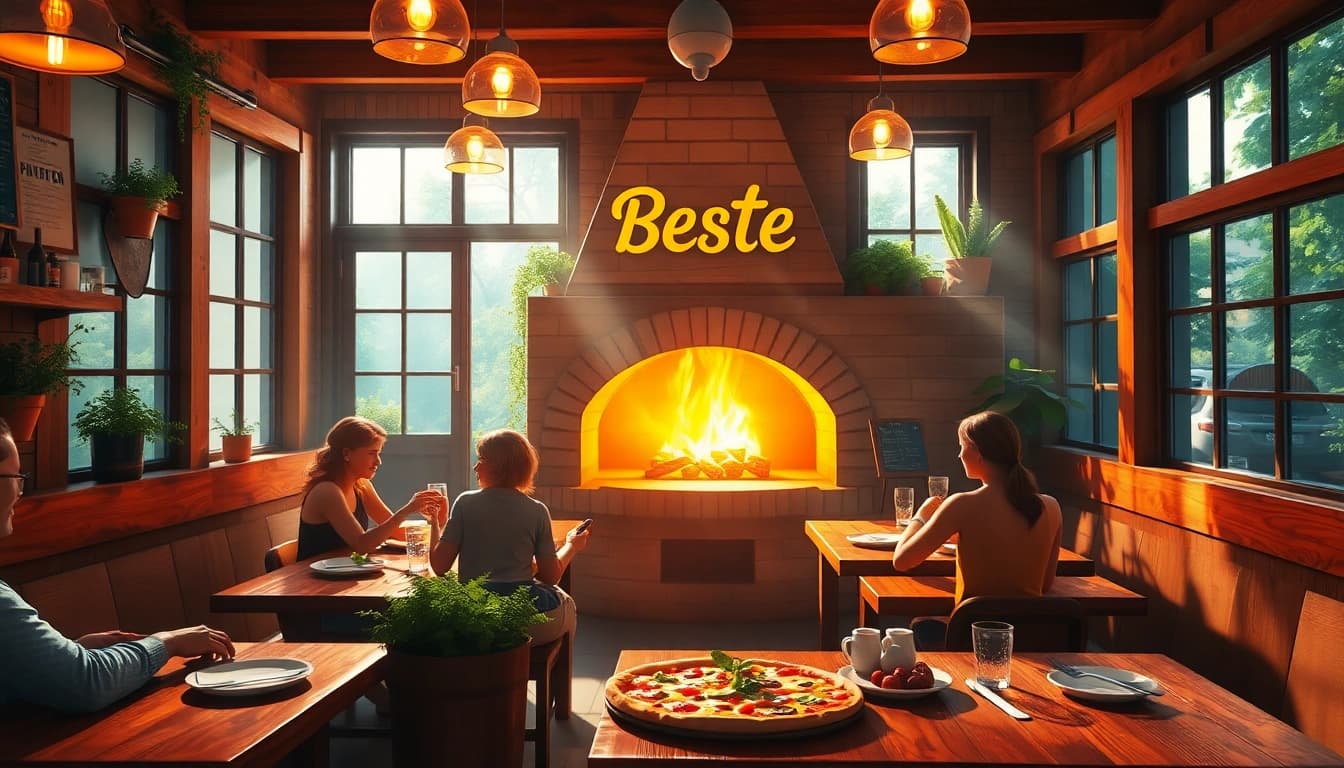 Genieße einen herzlichen Moment in der Beste Pizzeria mit Freunden bei frisch zubereitetem Pizzaessen.