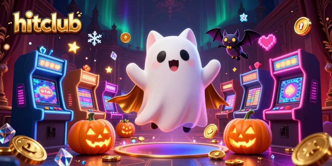 Hitclub's ghost cat plays in a haunted casino, surrounded by glowing arcade machines and animated gaming elements.