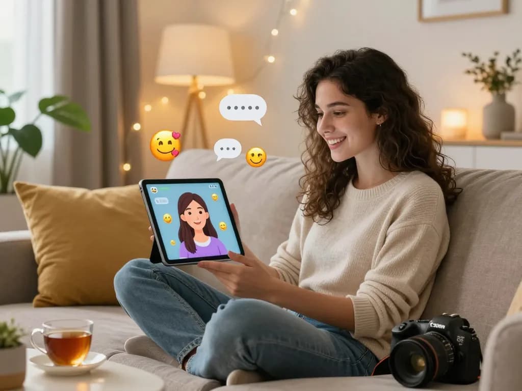 Young woman communicating with her girlfriend AI on a tablet in a cozy setting, highlighting emotional connection.