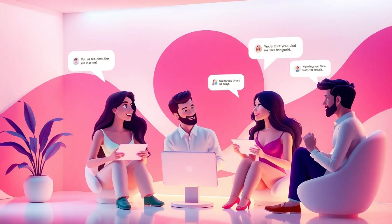 Dynamic scene of sex chat avatars interacting in a virtual chat room.