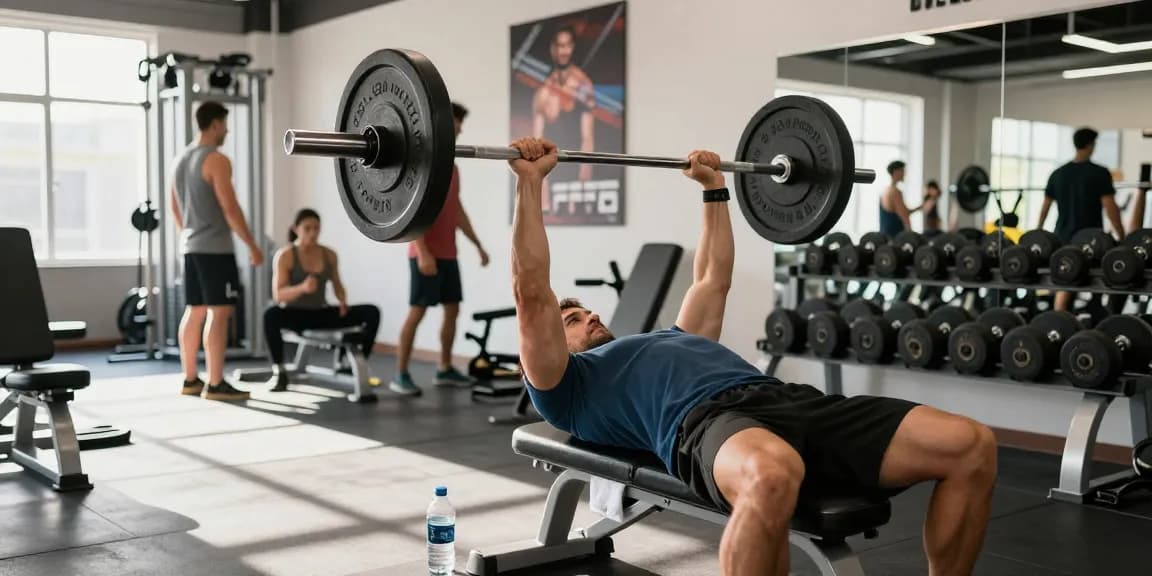 Anabolika-Shop, der einen engagierten Bodybuilder zeigt, der im lebhaften Fitnessstudio Bankdrücken macht.