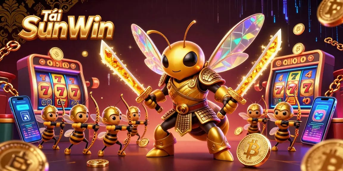 Tải SunWin brings a vibrant casino experience with a golden hornet samurai and bee archers winning at slots.