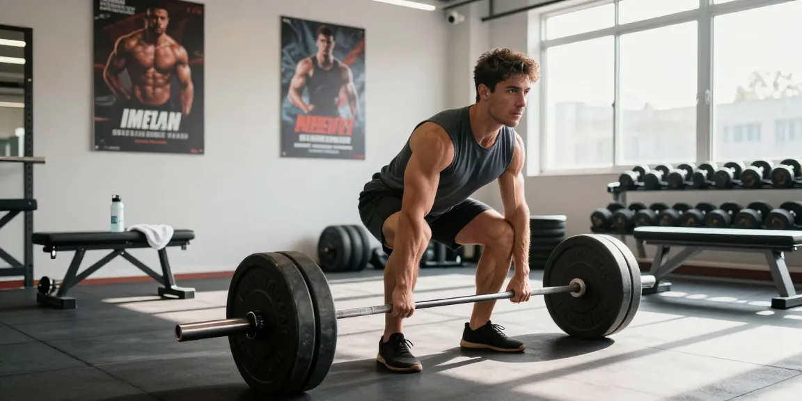 Dynamic scene showcasing a focused bodybuilder in the Anabolika Shop gym performing a deadlift with weights.