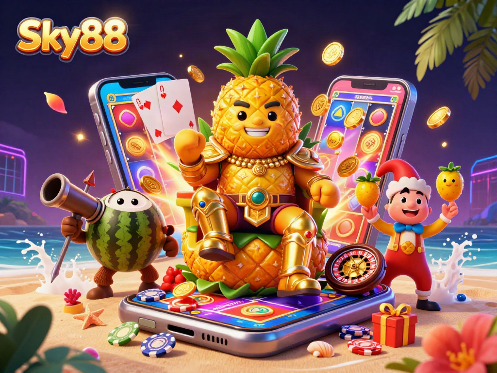 Experience thrilling gameplay with Sky88's vibrant casino scene featuring a golden pineapple king.