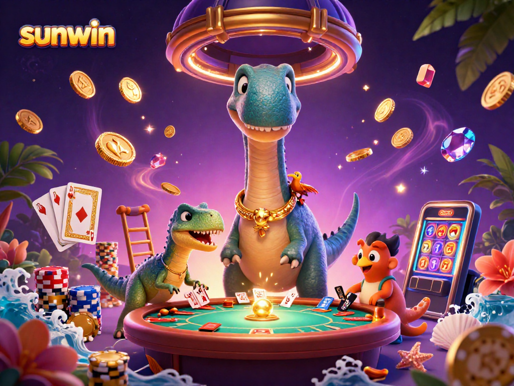 Experience sunwin's thrilling poker scene with a towering brontosaurus and raptor dealer.
