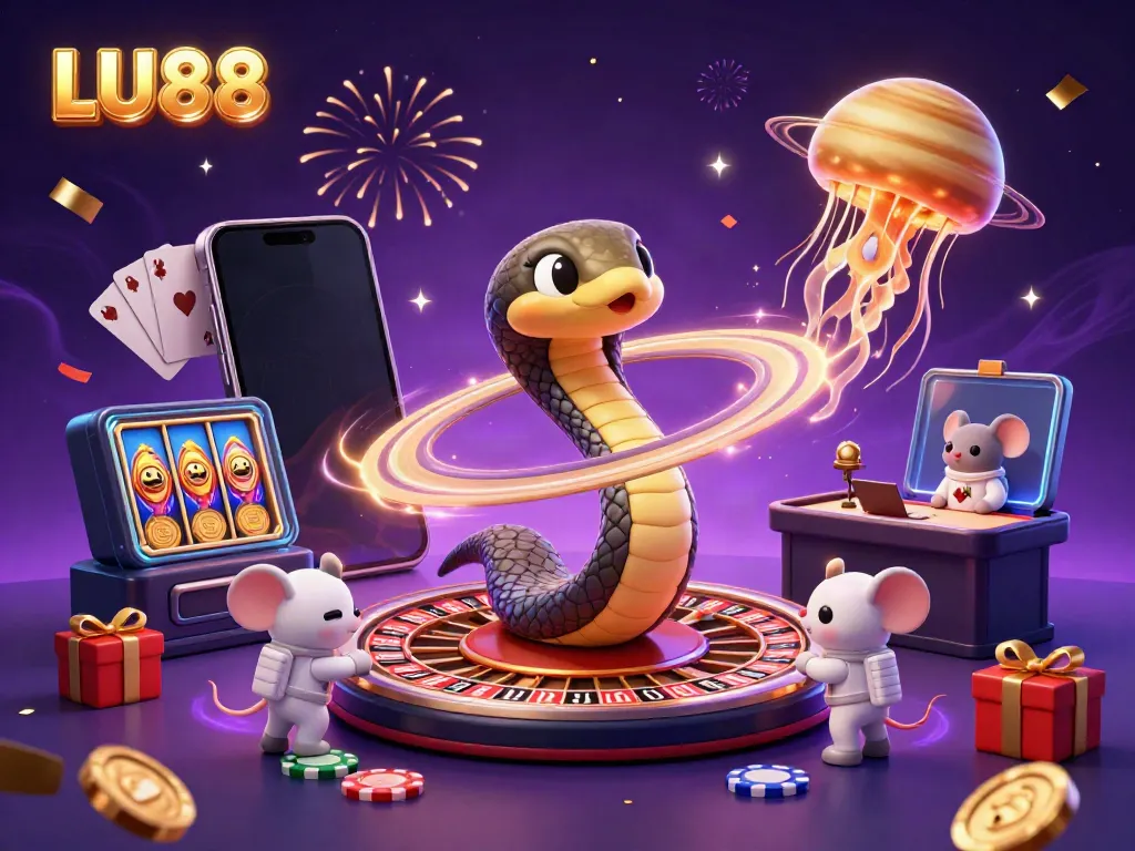 LU88 showcases a vibrant cosmic casino with a Saturn ring snake dealer as mouse players bet in space.