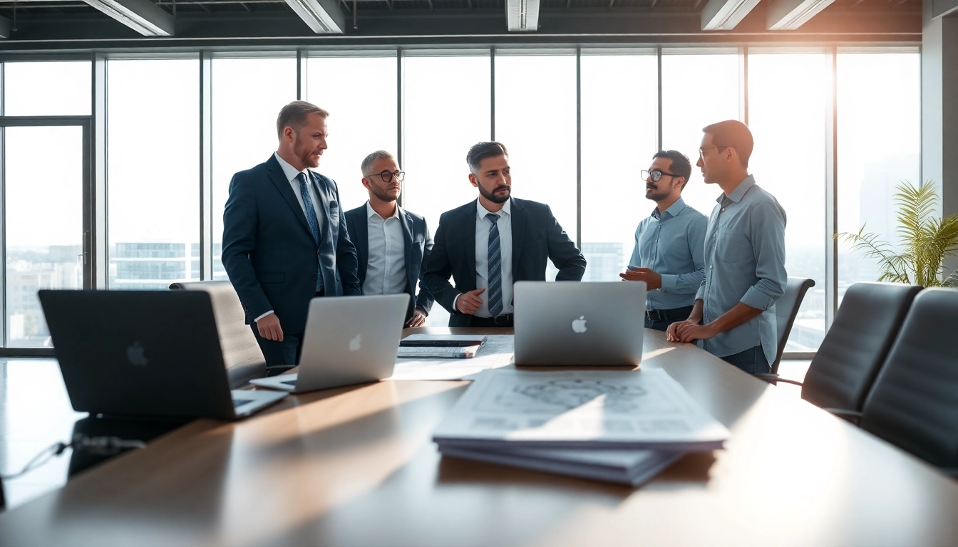 Headhunter Ingenieure in einer modernen Besprechung mit Ingenieuren, die Fachwissen austauschen.