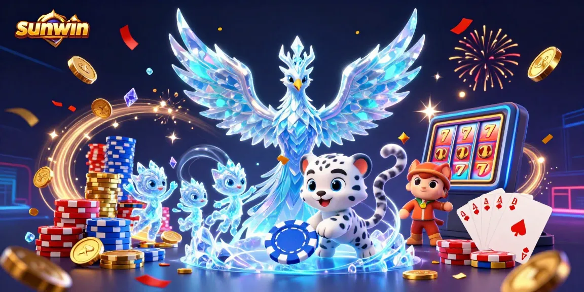 Experience the thrill of sunwin's casino with an ice phoenix, poker chip, and vibrant elements.