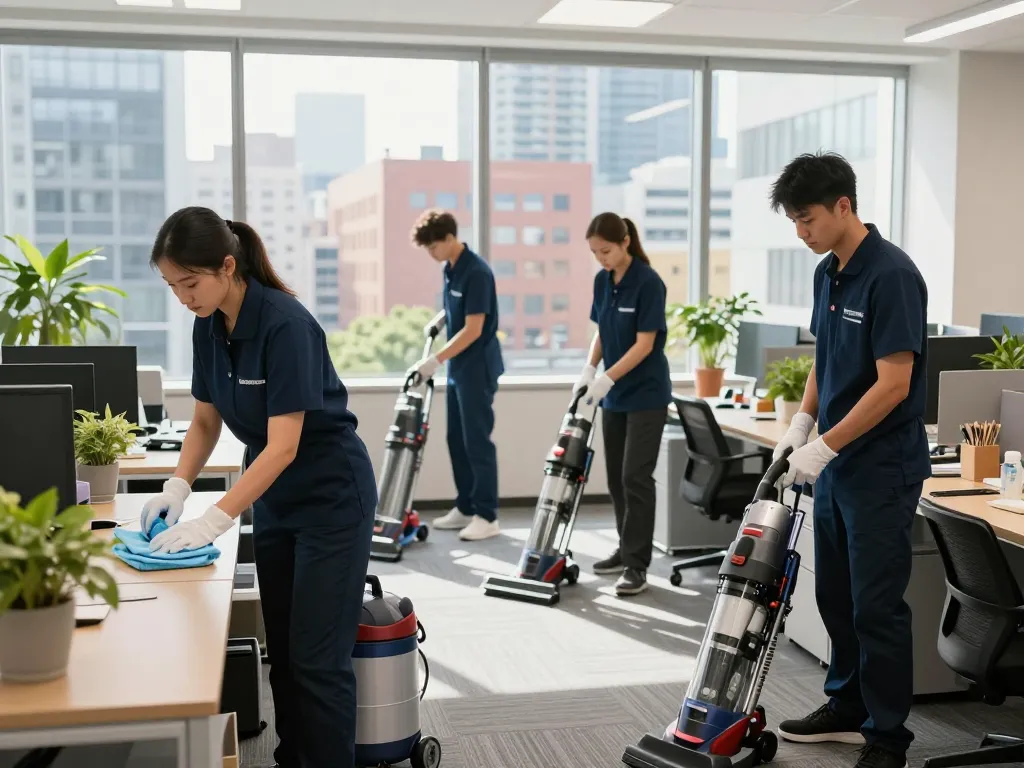 Professionelle Gebäudereinigung in Rheine, die ein professionelles Reinigungsteam zeigt, das effizient einen Büroraum reinigt und die Hygiene am Arbeitsplatz verbessert.