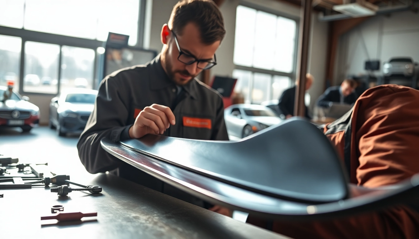 Auto Kufen sorgfältig inspiziert in einer Werkstatt von einem Mechaniker.