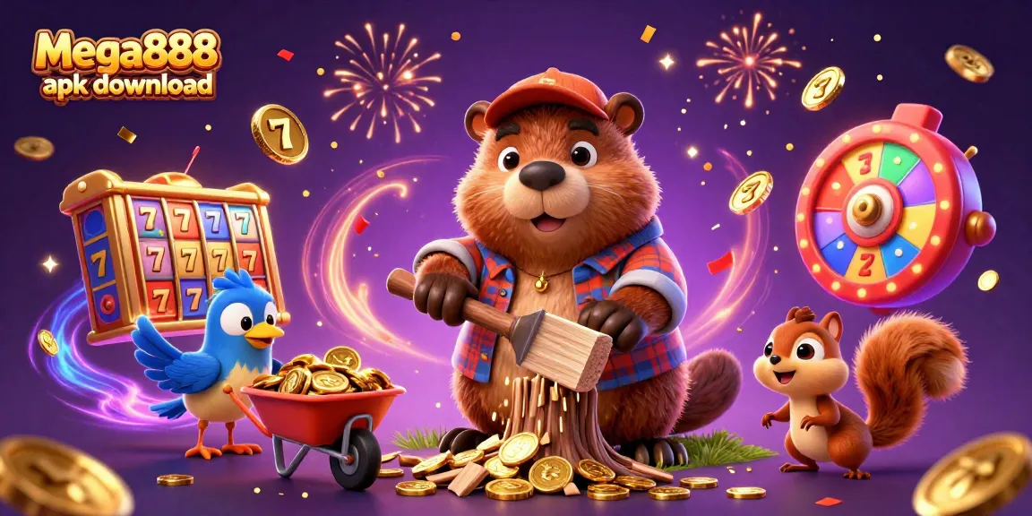 Experience mega888 apk download with adventurous characters amid a vibrant slot-themed celebration scene.