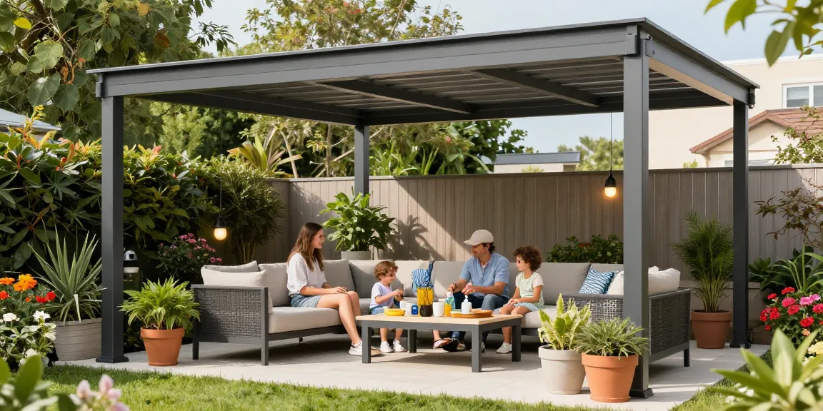 Gemütliche Terrasse mit Terrassenüberdachung, wo eine Familie entspannt und die Sonne genießt.