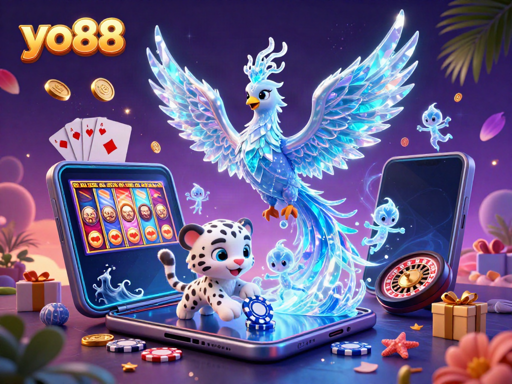 Spin the reels with yo88's vibrant gaming scene featuring an ice phoenix and playful snow leopard.