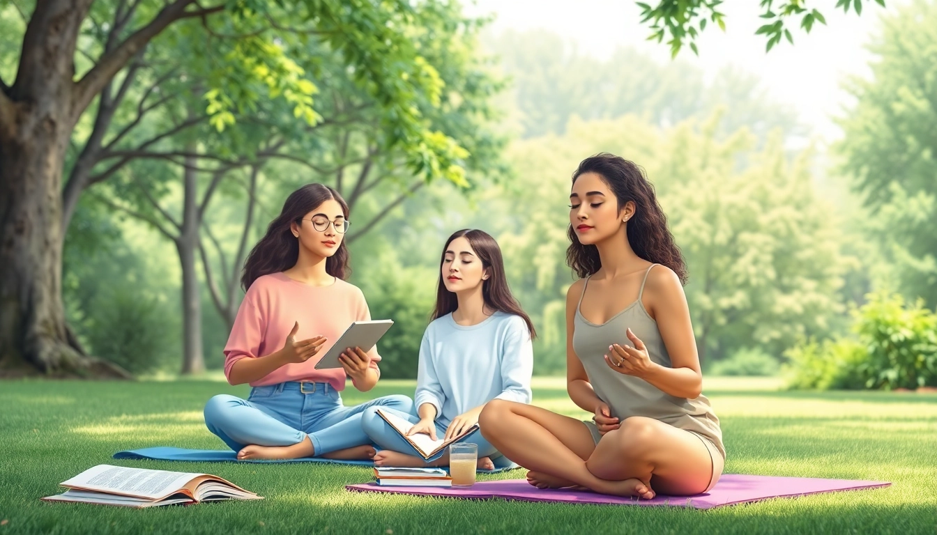 Mental health awareness campaign highlighting diverse individuals practicing self-care in a tranquil setting.