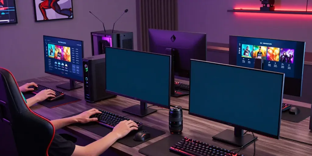Gamers enjoying ROKOK88 services on multiple devices in an immersive gaming setup.