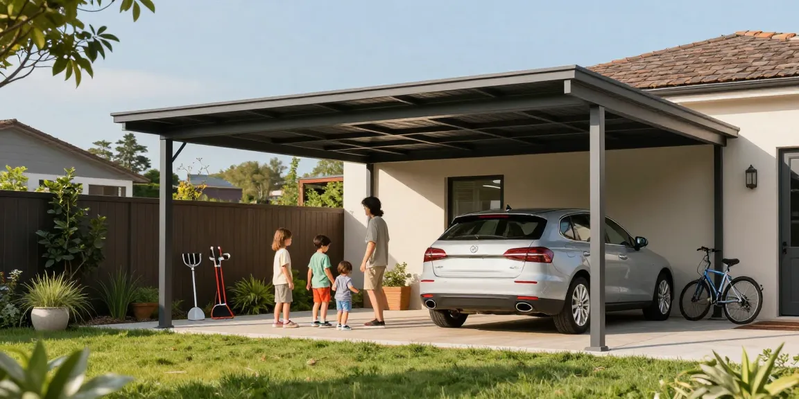 Moderner Carport schützt das Auto in einem einladenden Garten mit spielenden Kindern.