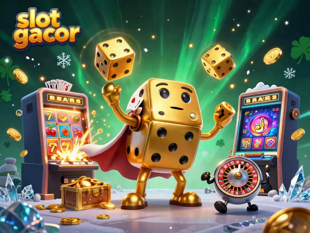 Engage in the excitement of slot gacor with an illustration of a golden dice golem, jackpot machines, and themed symbols.