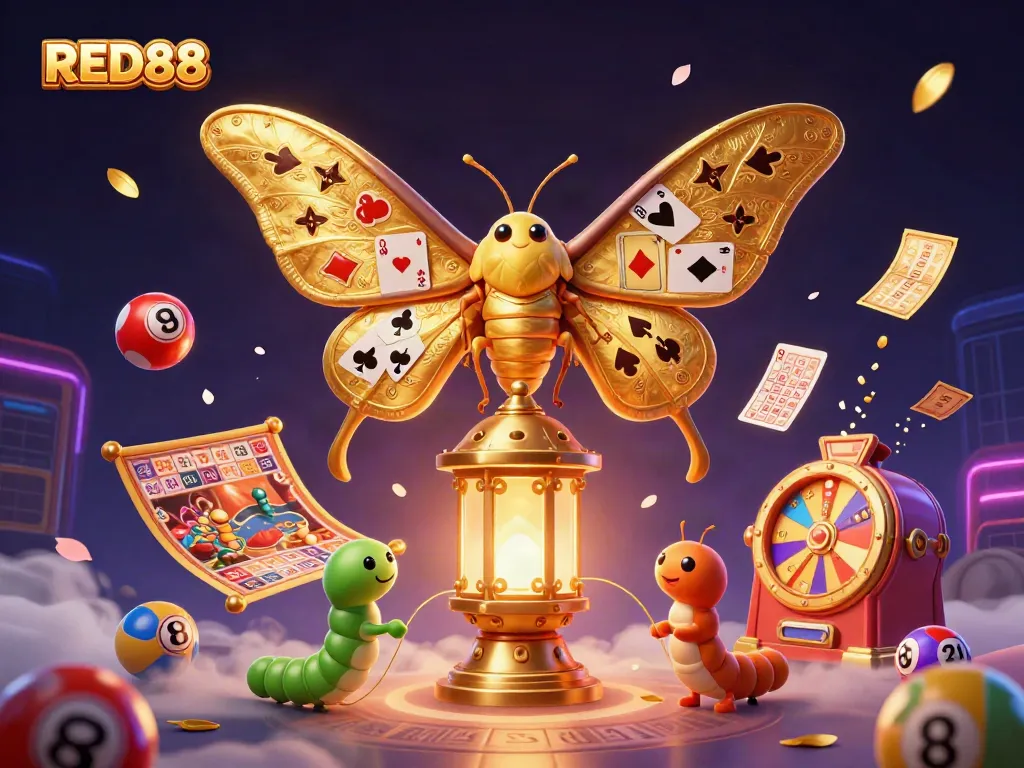 Watch the RED88 atlas moth bring vibrant casino games to life in a swirling adventure.