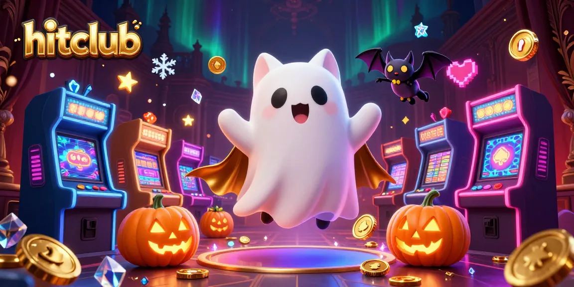 Hitclub's ghost cat plays in a haunted casino, surrounded by glowing arcade machines and animated gaming elements.
