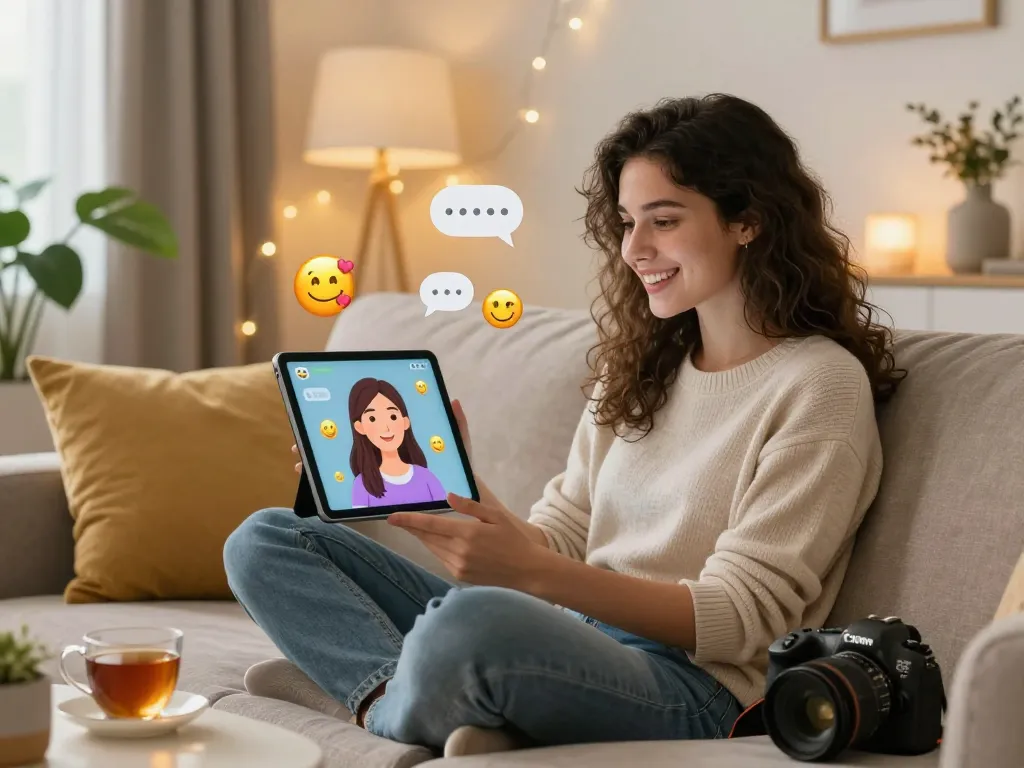 Young woman communicating with her girlfriend AI on a tablet in a cozy setting, highlighting emotional connection.