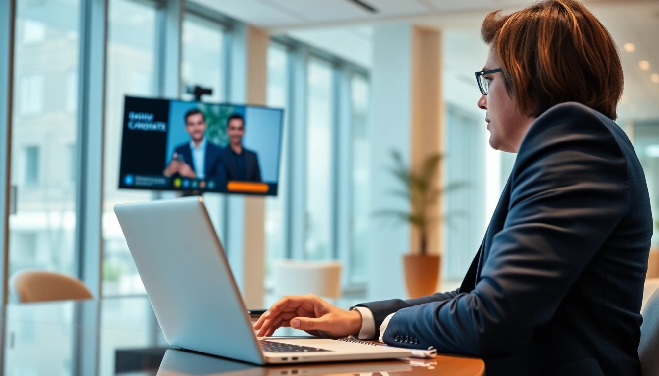 Headhunter IT engaged in a video interview in a professional office setting.
