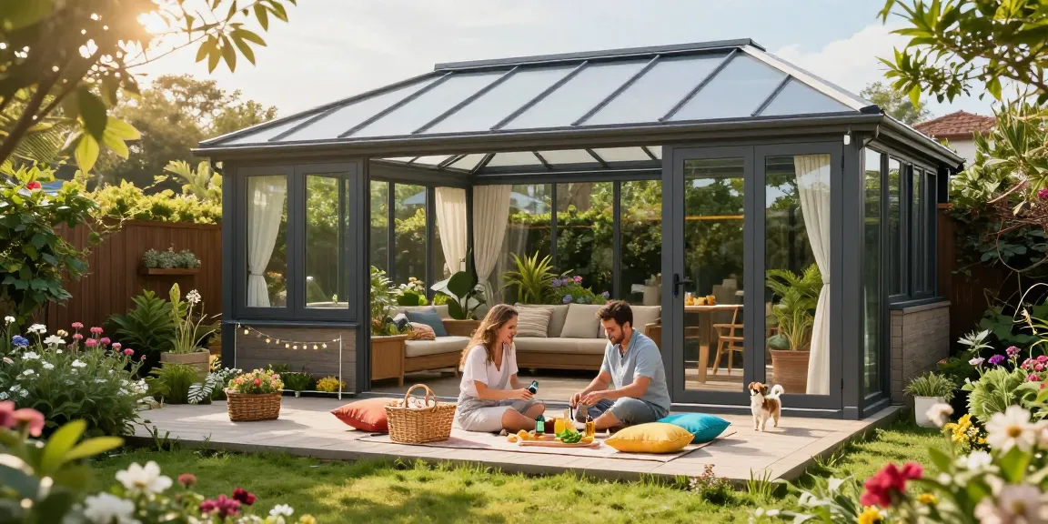 Moderne Terrassenüberdachungen im Garten mit einem Paar beim Picknick.