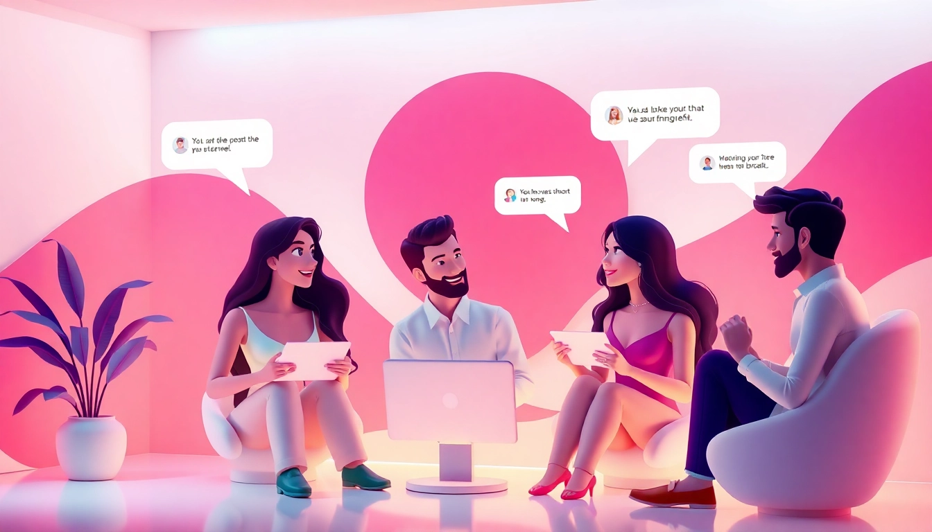 Dynamic scene of sex chat avatars interacting in a virtual chat room.