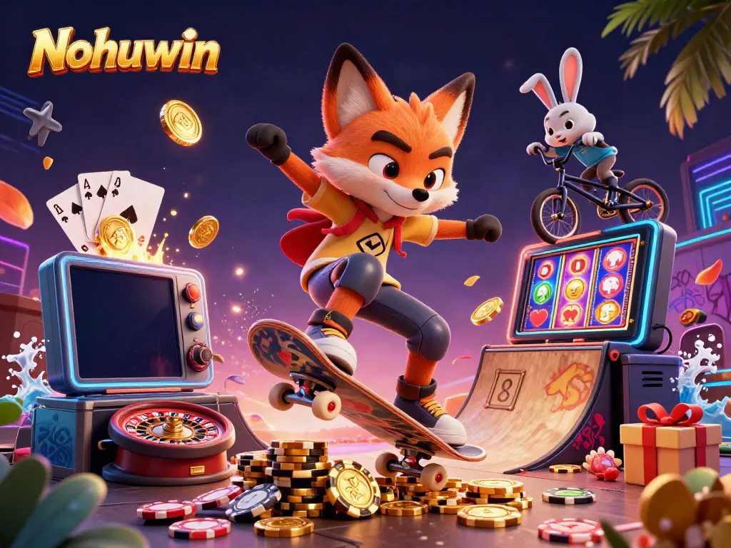 Experience thrilling gameplay at Nohuwin with vibrant slot games, surrounded by cartoon characters and casino elements.