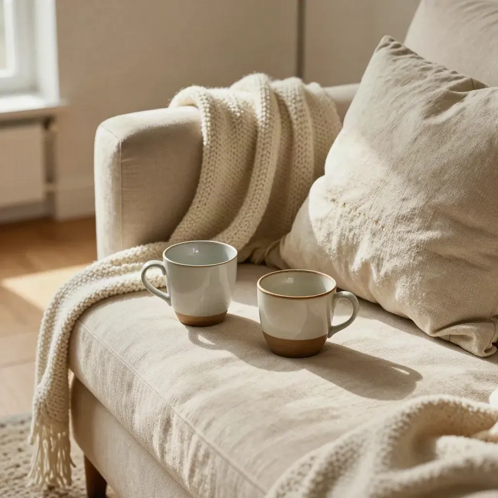 Gemütliche Sofaecke mit zwei Tassen, Wolldecke und abgewandtem Kissen im warmen Licht.