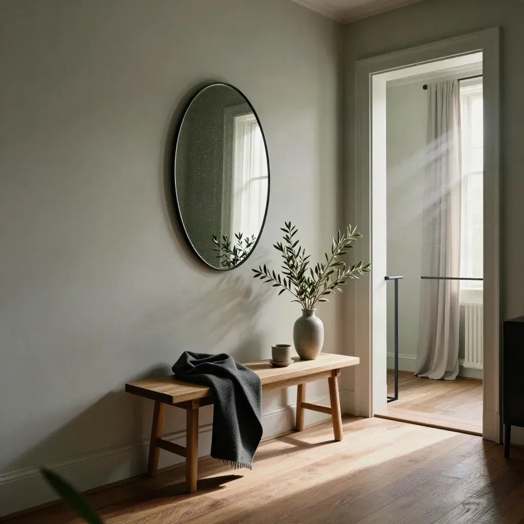 Helle Apartment-Entryway mit Spiegel, Bank, Blazer, Schal, Tasse und Olivenzweig-Vase im Morgenlicht.