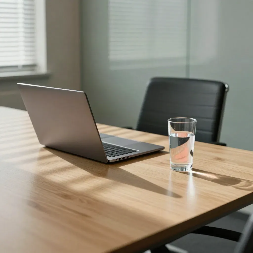 Leerer Konferenzraum mit geschlossenem Laptop, zurückgeschobenem Stuhl und Wasserglas im Streifenlicht.
