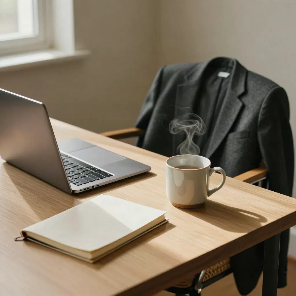 Arbeitsplatz mit geschlossenem Laptop, Notizbuch, Tasse und Jackett über einem Stuhl.