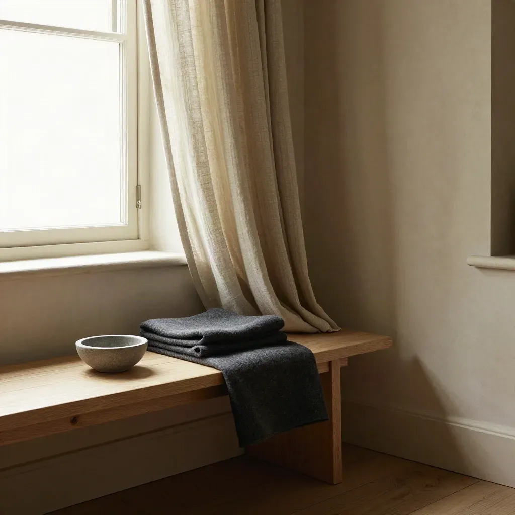 Fensterbank mit gefaltetem Throw, Schale und halb geschlossener Gardine im gedämpften Licht.