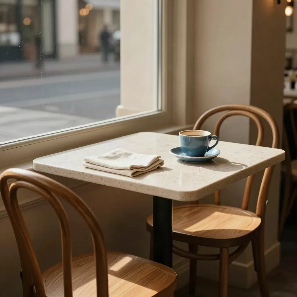 Leerer Cafétisch mit zwei Stühlen, einer zum Fenster gedreht, warmes Licht am Fenster.