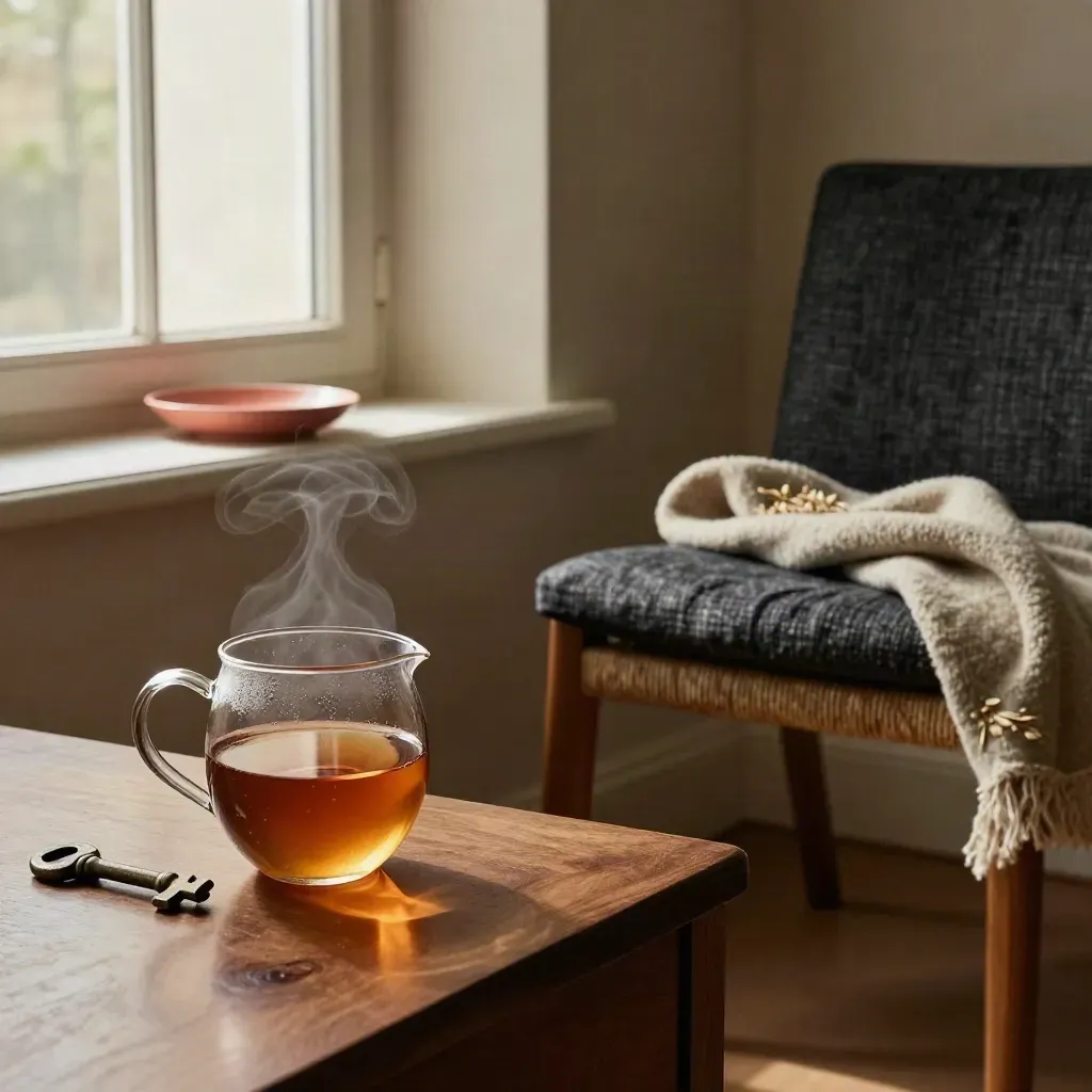 Teeglas mit Dampf neben Stuhl und Fensterbank im warmen Nachmittagslicht