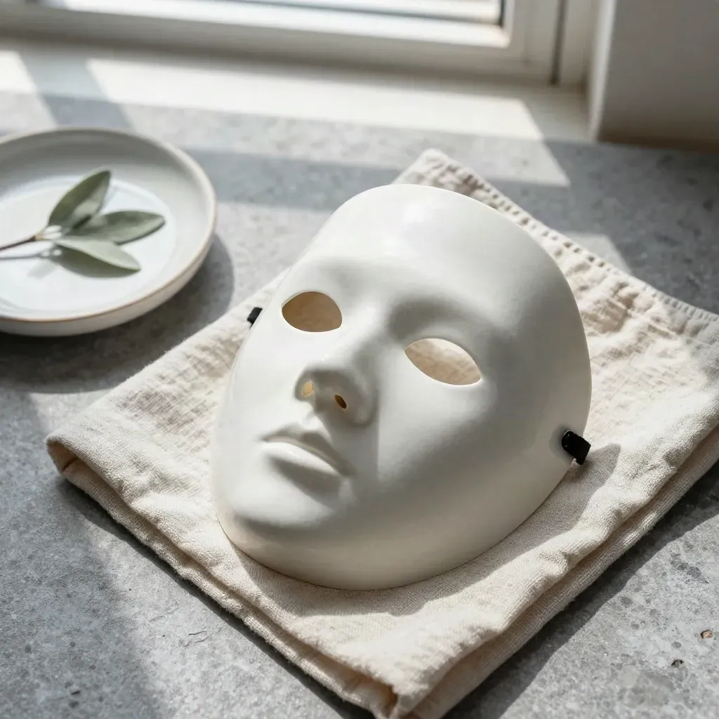 Porzellan-Halbmaske auf Leinentuch mit Keramikschale und Zweig im weichen Fensterlicht.