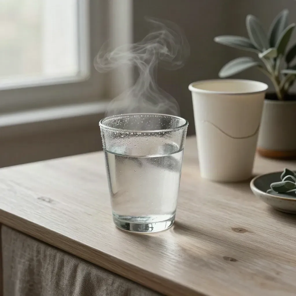 Beschlagenes Wasserglas, Papierbecher und kleine Pflanze auf hellem Holz, von oben fotografiert.