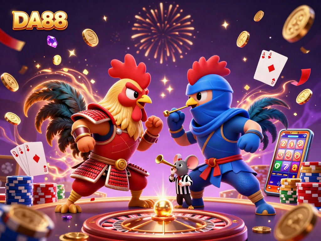 Dive into thrilling action at DA88, featuring a dramatic standoff between cartoon roosters amidst cascading coins and roulette wheels.