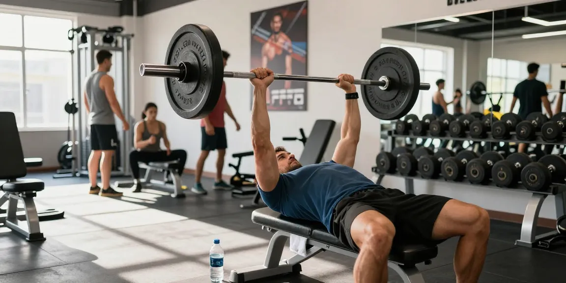 Anabolika-Shop, der einen engagierten Bodybuilder zeigt, der im lebhaften Fitnessstudio Bankdrücken macht.