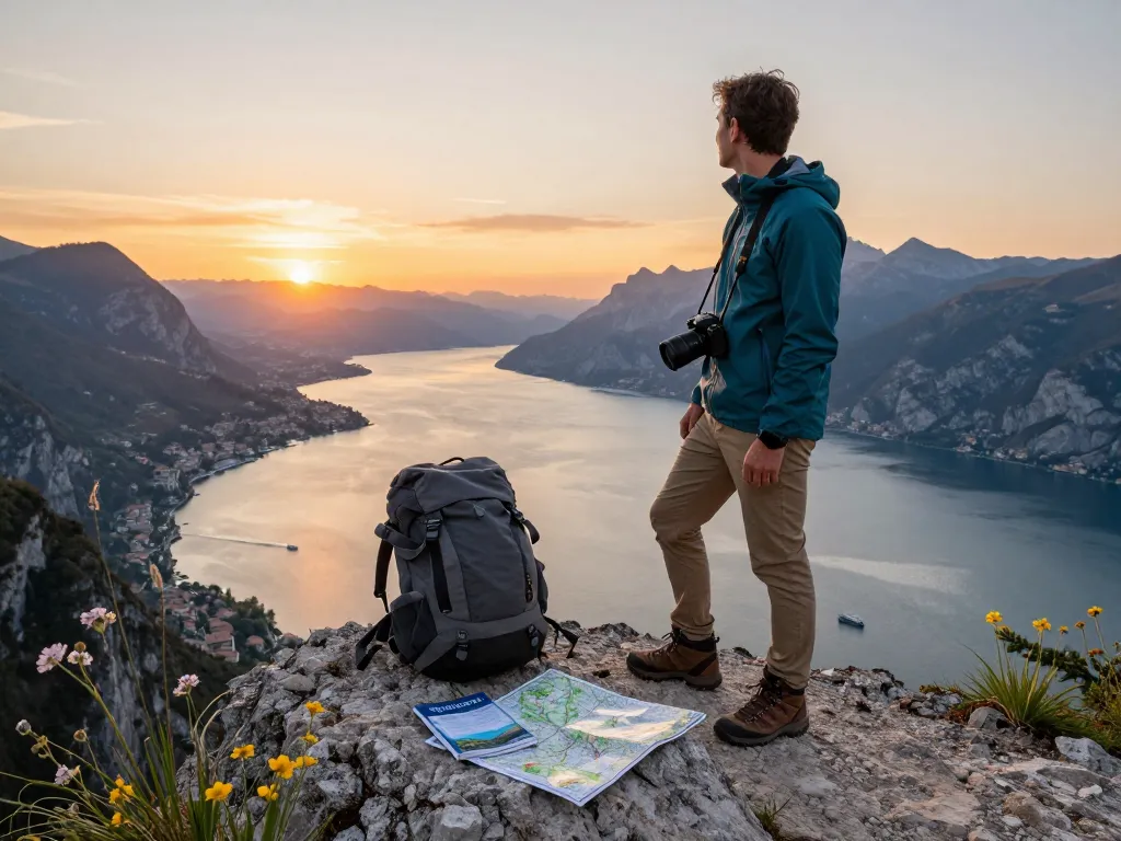 Entdecken Sie Gardasee Reisetipps bei Sonnenuntergang, mit malerischen Ausblicken auf den Gardasee und einem Reisenden, der die Schönheit der Natur genießen.
