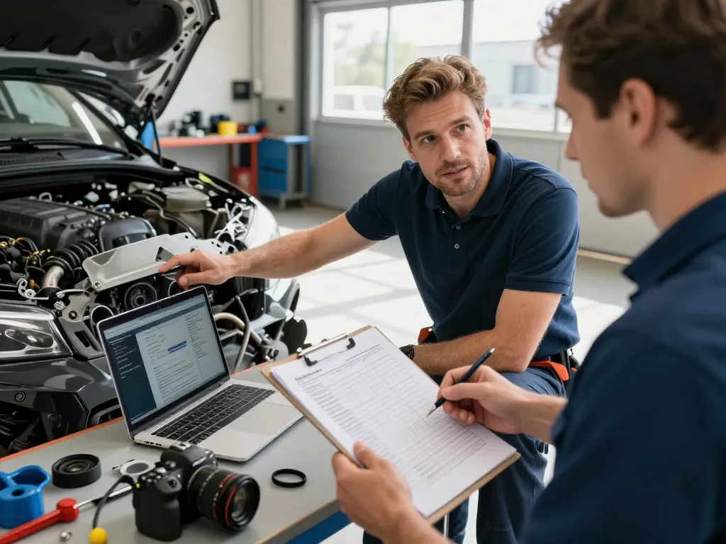 kfz gutachter analysiert Fahrzeugschäden in einer professionellen Kfz-Werkstatt
