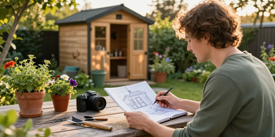 Gartenhaus kaufen - Eine inspirierende Gartenszene mit einem Hausbauprojekt und blühenden Pflanzen.
