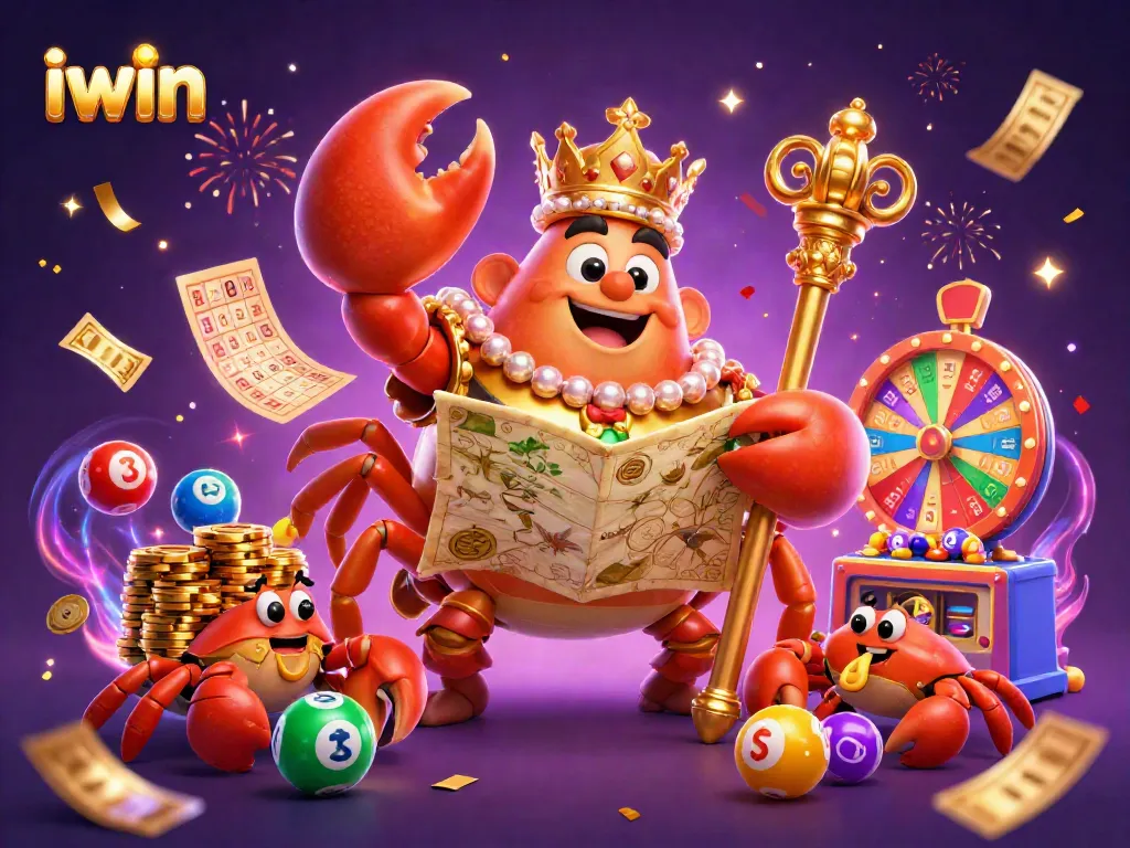 Engage with iwin's vibrant 3D scene, featuring a golden crab emperor and lottery elements.