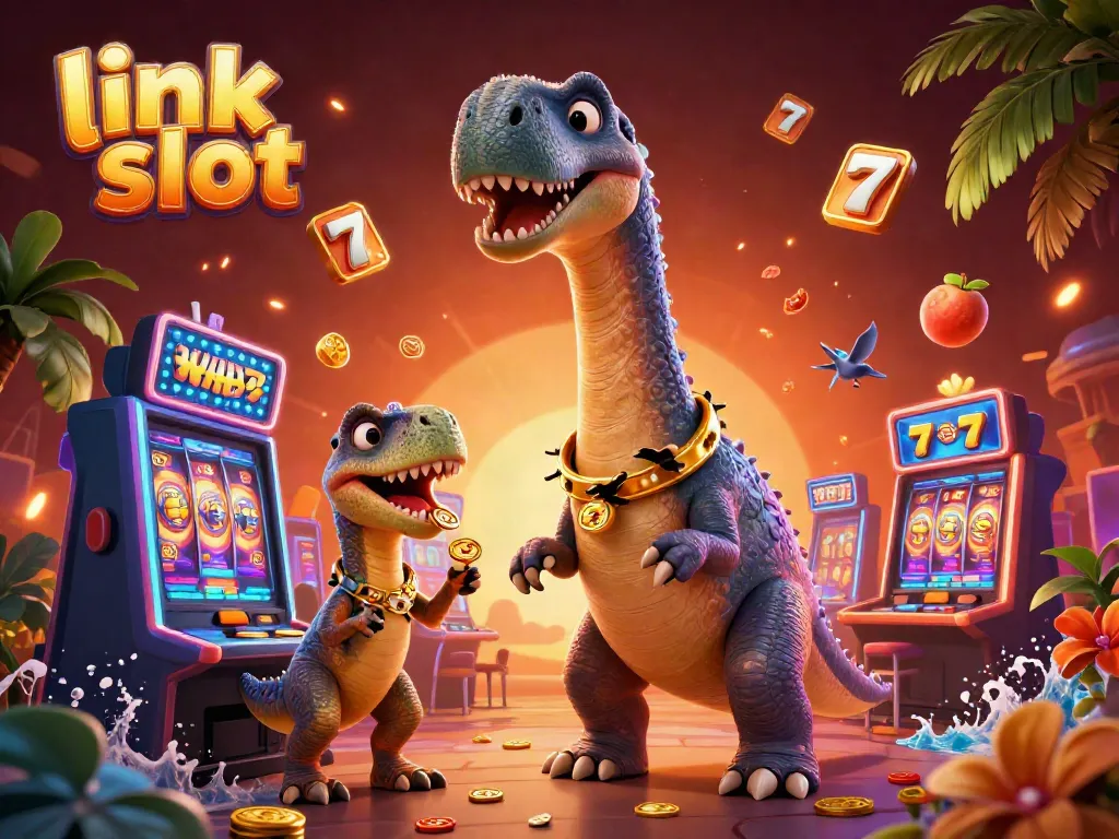 Experience the excitement of link slot in this vibrant casino scene with a towering brontosaurus and clever raptor.
