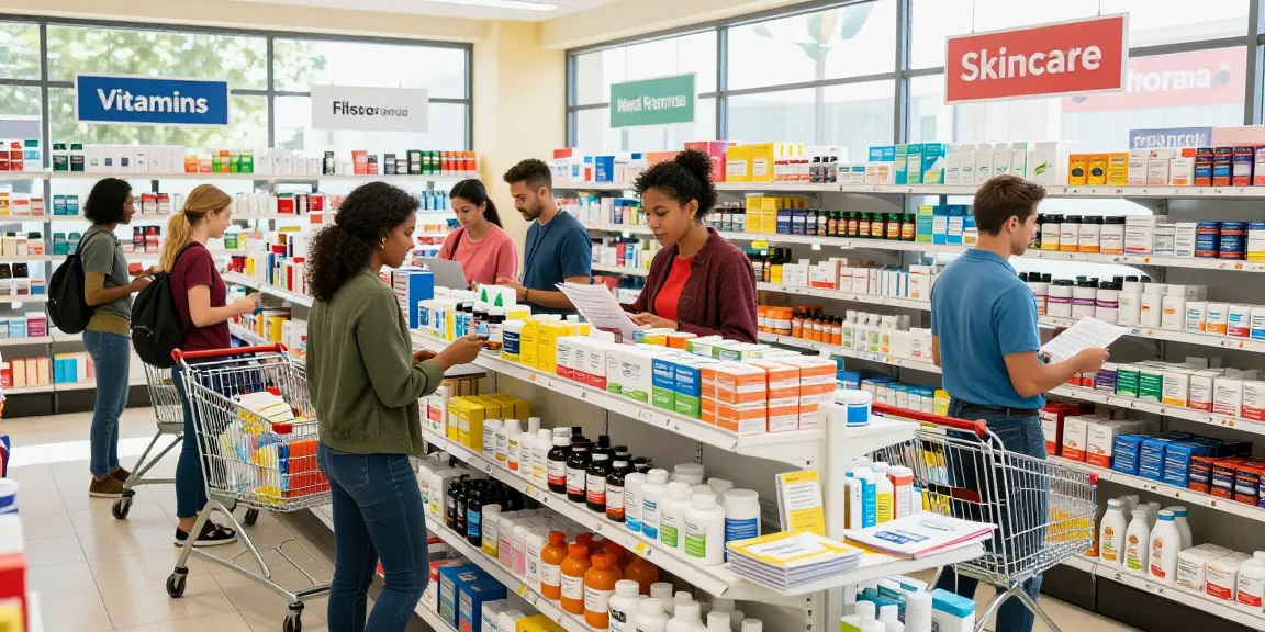 Kunden, die aktiv im Medi Pharma Shop einkaufen und mit Gesundheitsprodukten in einer einladenden Verkaufsumgebung interagieren.