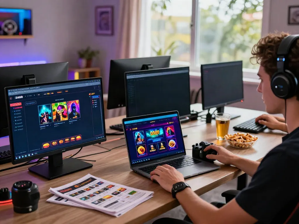Engaging DA88 online gaming experience with multiple screens, snacks, and vibrant lighting.