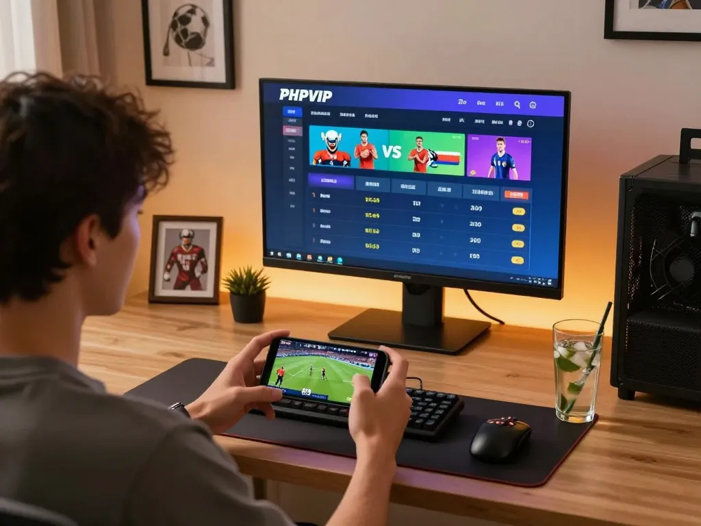 Person actively engaging with PHPVIP's sports betting app on a smartphone, showcasing excitement and modern home gaming.